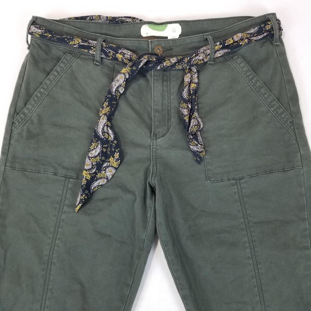 Anthropologie Pants Womens 33 Olive Green Utility Chino with Paisley Scarf Belt - Picture 3 of 10